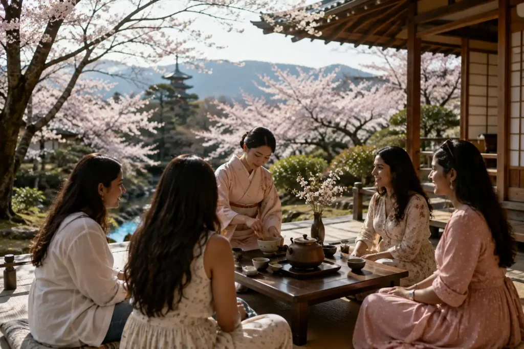 Indian women on a women only Japan tour experiencing a traditional Japanese tea ceremony beneath cherry blossoms